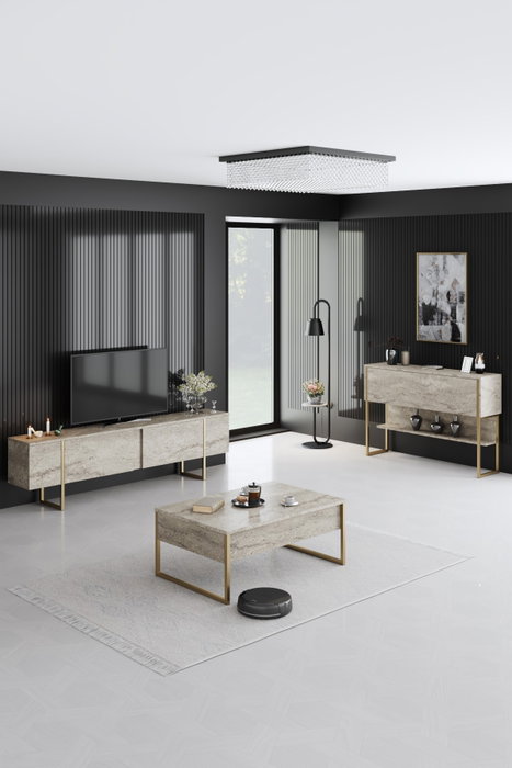 Hanah Home Luxe - Tocador Travertino y Dorado